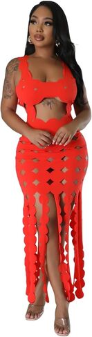 Women's Sexy Sleeveless Hollow Out Maxi Dress Tassel See Through Backless Bodycon Party Club Long Dress in Saudi Arabia