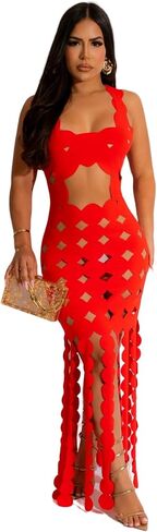 Women's Sexy Sleeveless Hollow Out Maxi Dress Tassel See Through Backless Bodycon Party Club Long Dress in Saudi Arabia
