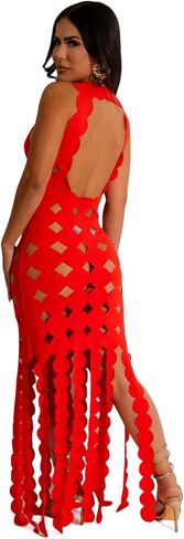 Women's Sexy Sleeveless Hollow Out Maxi Dress Tassel See Through Backless Bodycon Party Club Long Dress in Saudi Arabia