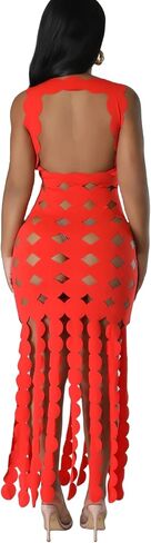 Women's Sexy Sleeveless Hollow Out Maxi Dress Tassel See Through Backless Bodycon Party Club Long Dress in Saudi Arabia