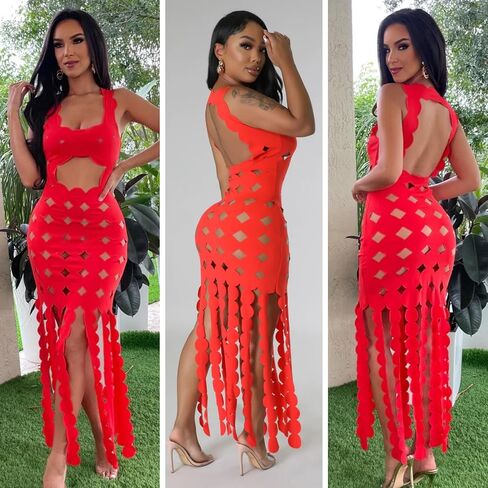 Women's Sexy Sleeveless Hollow Out Maxi Dress Tassel See Through Backless Bodycon Party Club Long Dress in Saudi Arabia
