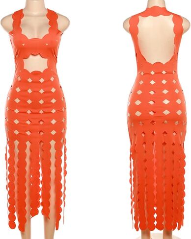 Women's Sexy Sleeveless Hollow Out Maxi Dress Tassel See Through Backless Bodycon Party Club Long Dress in Saudi Arabia