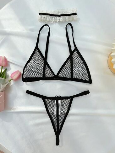 OYOANGLE Women's 3 Pieces Fishnet Lingerie Sets Lace Trim Bow Front Choker and Thong Sets in Saudi Arabia