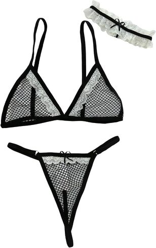 OYOANGLE Women's 3 Pieces Fishnet Lingerie Sets Lace Trim Bow Front Choker and Thong Sets in Saudi Arabia