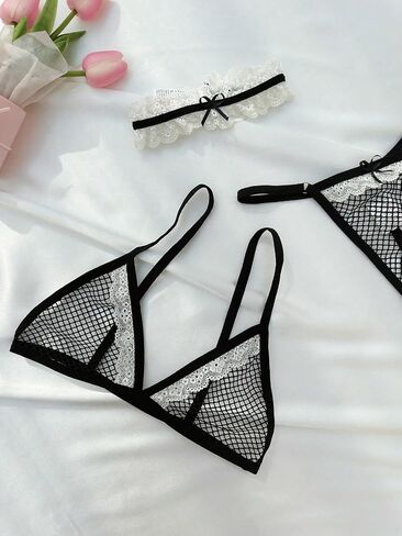 OYOANGLE Women's 3 Pieces Fishnet Lingerie Sets Lace Trim Bow Front Choker and Thong Sets in Saudi Arabia