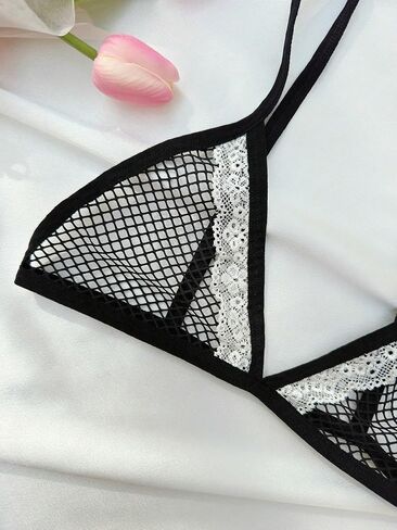 OYOANGLE Women's 3 Pieces Fishnet Lingerie Sets Lace Trim Bow Front Choker and Thong Sets in Saudi Arabia