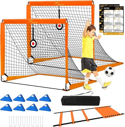 مجموعة أهداف كرة القدم Eazy2hD 6X4 للفناء الخلفي - قطعتان من شبكات كرة القدم المحمولة القابلة للطي للأطفال، هدف كرة قدم منبثق للأطفال الصغار وألعاب الأطفال الصغار، مع سلم رشاقة وأقماع (برتقالي) in Kuwait