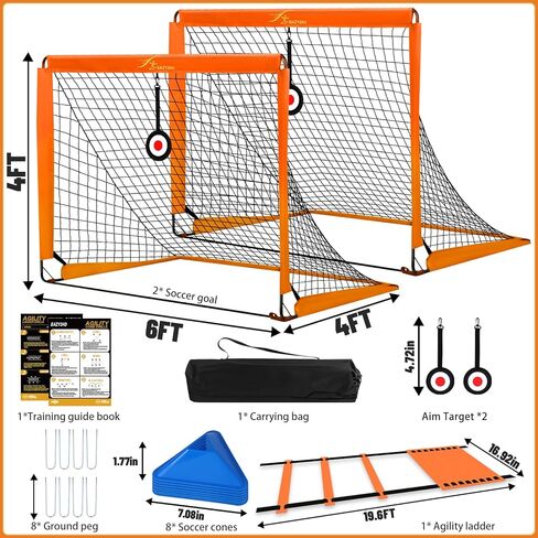 مجموعة أهداف كرة القدم Eazy2hD 6X4 للفناء الخلفي - قطعتان من شبكات كرة القدم المحمولة القابلة للطي للأطفال، هدف كرة قدم منبثق للأطفال الصغار وألعاب الأطفال الصغار، مع سلم رشاقة وأقماع (برتقالي) in Kuwait