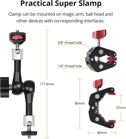 GVM Adjustable Magic Arm Camera Mount&Super Clamp Kit, 7"Friction Articulating Arm with Both 1/4"Screws, Camera Clamp with 1/4"&3/8" Screw Hole, Compatible with LCD Monitor, Video Light, Camera, Mic in Saudi Arabia