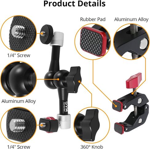 GVM Adjustable Magic Arm Camera Mount&Super Clamp Kit, 7"Friction Articulating Arm with Both 1/4"Screws, Camera Clamp with 1/4"&3/8" Screw Hole, Compatible with LCD Monitor, Video Light, Camera, Mic in Saudi Arabia