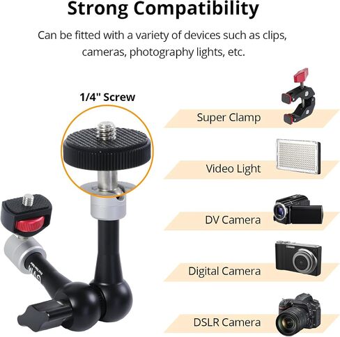 GVM Adjustable Magic Arm Camera Mount&Super Clamp Kit, 7"Friction Articulating Arm with Both 1/4"Screws, Camera Clamp with 1/4"&3/8" Screw Hole, Compatible with LCD Monitor, Video Light, Camera, Mic in Saudi Arabia