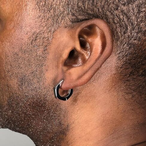 Hexagon Hoop Earrings for Men in Stainless Steel with Black or Yellow Gold Ion Plating 4 mm Wide Hinged Hoop by Metro Jewelry in Kuwait