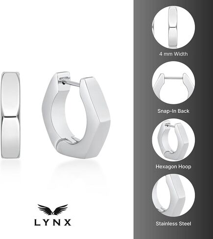 Hexagon Hoop Earrings for Men in Stainless Steel with Black or Yellow Gold Ion Plating 4 mm Wide Hinged Hoop by Metro Jewelry in Kuwait