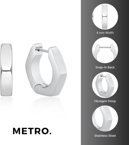 Hexagon Hoop Earrings for Men in Stainless Steel with Black or Yellow Gold Ion Plating 4 mm Wide Hinged Hoop by Metro Jewelry in Kuwait