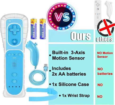 Compatible with Nintendo Wii Controller, Wii Remote with Nunchuck and Nunchuck Controller with Silicone Case and Wrist Strap for Wii and Wii U, Included 2 AA Batteries (Blue) in Saudi Arabia