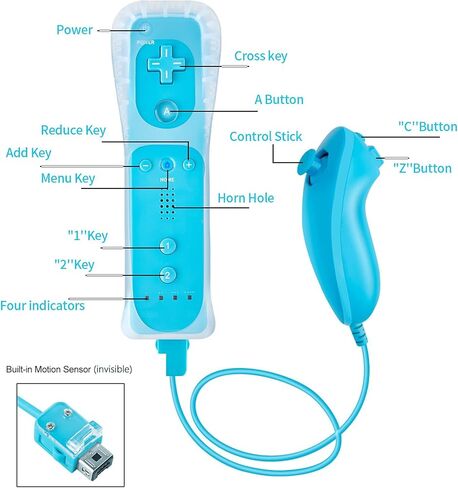 Compatible with Nintendo Wii Controller, Wii Remote with Nunchuck and Nunchuck Controller with Silicone Case and Wrist Strap for Wii and Wii U, Included 2 AA Batteries (Blue) in Saudi Arabia