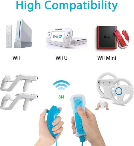 Compatible with Nintendo Wii Controller, Wii Remote with Nunchuck and Nunchuck Controller with Silicone Case and Wrist Strap for Wii and Wii U, Included 2 AA Batteries (Blue) in Saudi Arabia