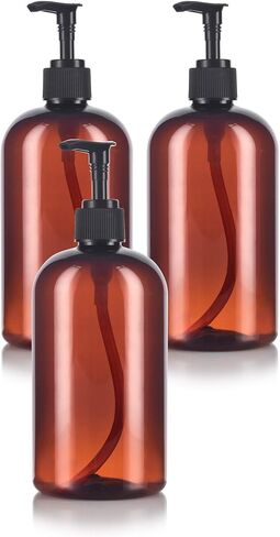 JUVITUS 16 oz Amber Boston Round PET Plastic Bottles with Black Lotion Pump (3 pack) in Saudi Arabia