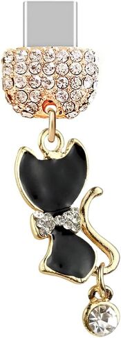 ELISE & FONDA TP205 Type-C USB Charging Port Crystal Anti Dust Plug Little Cat Kitten Cell Phone Charm for Samsung Galaxy/Huawei/OnePlus/Xiaomi/oppo Android Phones (Black) in Saudi Arabia