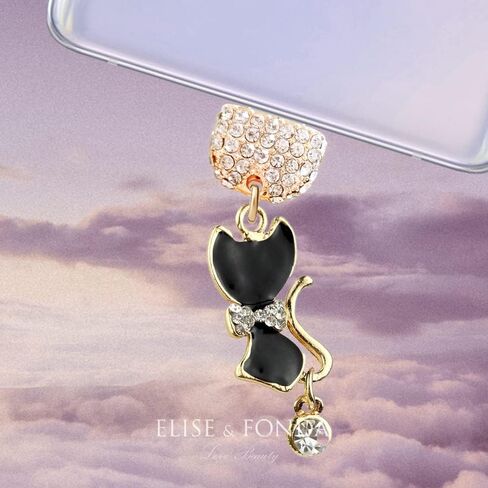ELISE & FONDA TP205 Type-C USB Charging Port Crystal Anti Dust Plug Little Cat Kitten Cell Phone Charm for Samsung Galaxy/Huawei/OnePlus/Xiaomi/oppo Android Phones (Black) in Saudi Arabia