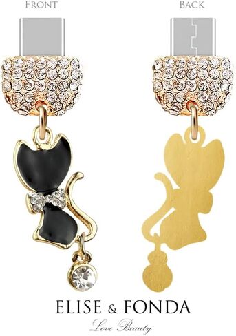 ELISE & FONDA TP205 Type-C USB Charging Port Crystal Anti Dust Plug Little Cat Kitten Cell Phone Charm for Samsung Galaxy/Huawei/OnePlus/Xiaomi/oppo Android Phones (Black) in Saudi Arabia