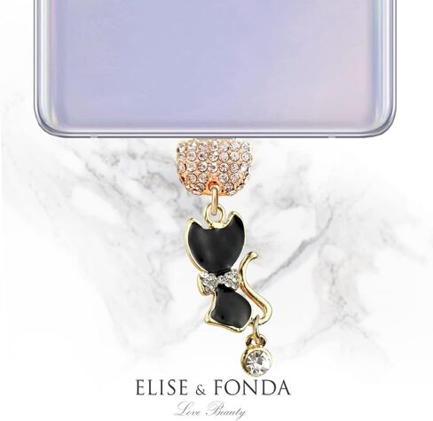 ELISE & FONDA TP205 Type-C USB Charging Port Crystal Anti Dust Plug Little Cat Kitten Cell Phone Charm for Samsung Galaxy/Huawei/OnePlus/Xiaomi/oppo Android Phones (Black) in Saudi Arabia