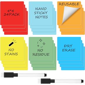 Crtiin 24 Pack Dry Erase Sticky Notes Reusable Whiteboard Stickers Washable Erasable Self Sticker with 2 Whiteboard Markers for School Office Labels Lists Reminder (Colorful, 3 x 3 Inch)