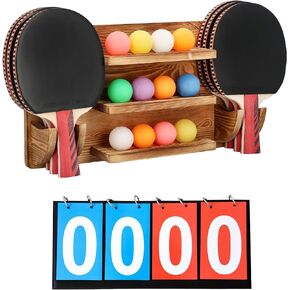 Ping Pong Paddle Holder Wall Mount Storage Rack - Table Tennis Racket Display Accessories Organizer - Holds 6 Paddles and 12 Balls - with Flip Scoreboard