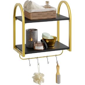 Bestier Black Floating Shelves for Wall, 2 Tier Black Shelves for Room Wall Decor with Towel Bar and Hooks, Gold Floating Shelves for Kitchen, Living Room, Bedroom, Bathroom, Classic Black in Kuwait