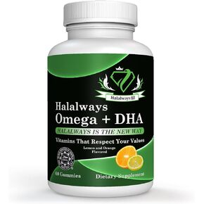 Halalways Omega + DHA Gummies - Triple Strength Omega 3 Fish Oil Gummy Vitamins with DHA Fatty Acids, Nature's Heart Health, Orange & Lemon Flavor Certified Halal Supplement