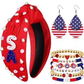 4th of July Patriotic Accessories Outfits for Women American Flag USA Headband Patriotic Star Earrings Heishi Bracelets Red White and Blue Star Bead Necklace USA Fourth of July Jewelry Accessories Outfit Party Gifts