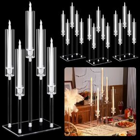 Hushee 4 Set 5 Arms Acrylic Candelabras Centerpieces with 20 Pcs LED Candles Clear Candle Holder Crystal Taper Candlestick with Rectangular Base for Dinner Party Table Fireplace Christmas Decoration in Kuwait