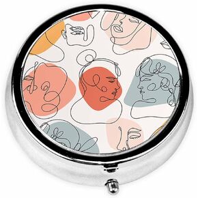 IBILIU Medicine Pill Case Guise Abstract Faces Female Silhouette Portable Pill Box for Pocket Metal Medicine Vitamin Organizer 3 Compartment