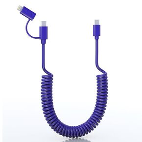 USB C to USB C and Lightning 2 in 1 Coiled Cable, 3ft USB Type C Lightning Dual Cable for Apple Carplay & Android Auto, PD 60W Fast Charging Data Sync for iPad, Laptop, Samsung, iPhone, Dark Blue