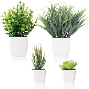 CEWOR 4 Pack Small Fake Plants Artificial Succulents Plants in Pots Artificial Greenery for Home Bedroom Living Room Decor (White Plastic Pots)