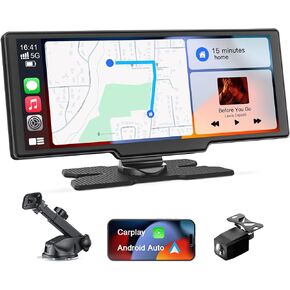 9.26" Carplay Android Auto Screen for Car with Backup Camera, Portable Touchscreen Wireless Stereo, GPS Navigation, Googel/Siri Voice Control, Audio Receivers with Bluetooth, AUX/FM, Mirror Link