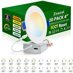 20 Pack 4 Inch Ultra-Thin LED Recessed Ceiling Light with Junction Box 5CCT Adjustable Dimmable Can-Killer Downlight - ETL and Energy Star Certified