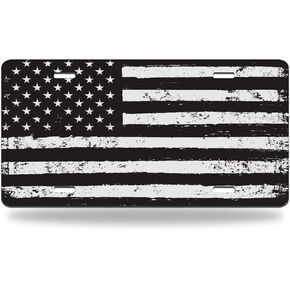 License Plate Black and White USA Flag Aluminum Metal Car Tag Abstract Vintage American Flag Freedom Independence Patriot Union Symbol Durable Automotive Front Plate 6 X 12 Inch