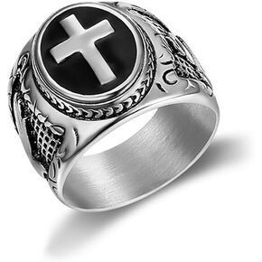Men Ring Stainless Steel Religious Prayer Holy Cross Ring with Black Enamel Christian Jewelry Gifts Size 8-12