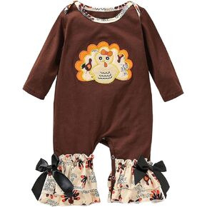 BemeyourBBs Newborn Infant Baby Girl Thanksgiving Outfit Ruffle Turkey Romper Jumpsuits Long Sleeve Playsuit One Piece Outfit