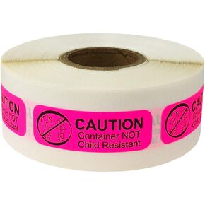 Fluorescent Pink with Black Caution Container Not Child Resistant Medical Healthcare Stickers, 0.5 x 1.5 Inches in Size, 500 Labels on a Roll
