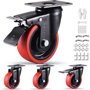 Casters Set of 4 Heavy Duty 4 Inch Caster Wheels with Brake 2200Lbs Capacity Silent Swivel TPR Rubber Wheel Locking Industrial Plate Castors Perfect for Carts, Furniture and Workbenches
