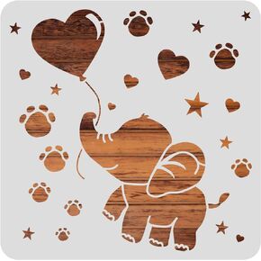 BENECREAT Elephant Plastic Painting Stencil, Heart Balloon Footprint Drawing Template for Art Painting on Wood, Scrabooking Cardmaking and Wall Decoration, 12x12"