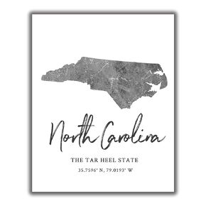 North Carolina State Map Wall Art Print - 8x10 Silhouette Decor Print with Coordinates. Makes a Great NC-Themed Gift. Shades of Grey, Black & White.