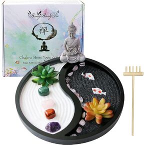 Buddha Meditation Zen Garden Kit - Home Office Tabletop Taiji Yin Yang Sand Garden Altar Zen Decor Zen Gifts DIY Mini Chakra Crystal Quartz Rock Garden w/Nature Healing Stone Rake Tool