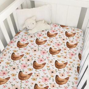 Vintage Hens Chicken Boho Floral Baby Crib Sheet 52''x28'' Farm Animal Flowers Stretchy Fitted Crib Mattress Sheet Covers for Boy Girl Nursery Bed Sheet for Standard Crib and Toddler Mattress