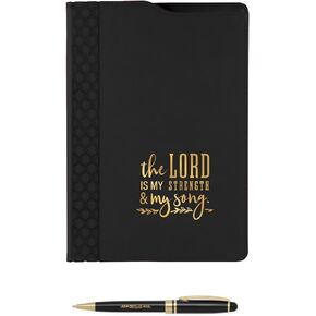 Black And Gold Religious Folio And Pen Set/The Lord Is My Strength Black And Gold Faux Leather Padfolio Notebook With Pen/Modern Christian Journal Present Set