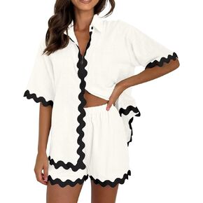Women's Summer Clothing 2 Piece Outfits Button Down Shirts Tops and Shorts Vacation Pajama Sets