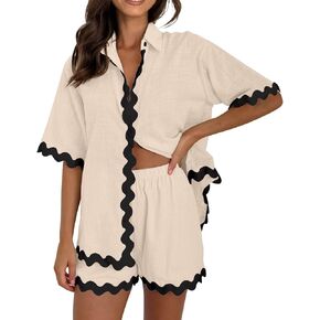 Women's Summer Clothing 2 Piece Outfits Button Down Shirts Tops and Shorts Vacation Pajama Sets