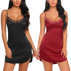 Avidlove Women's Nightwear Sexy Satin Sleepwear Lace Chemises Mini Full Slip 2 Pack